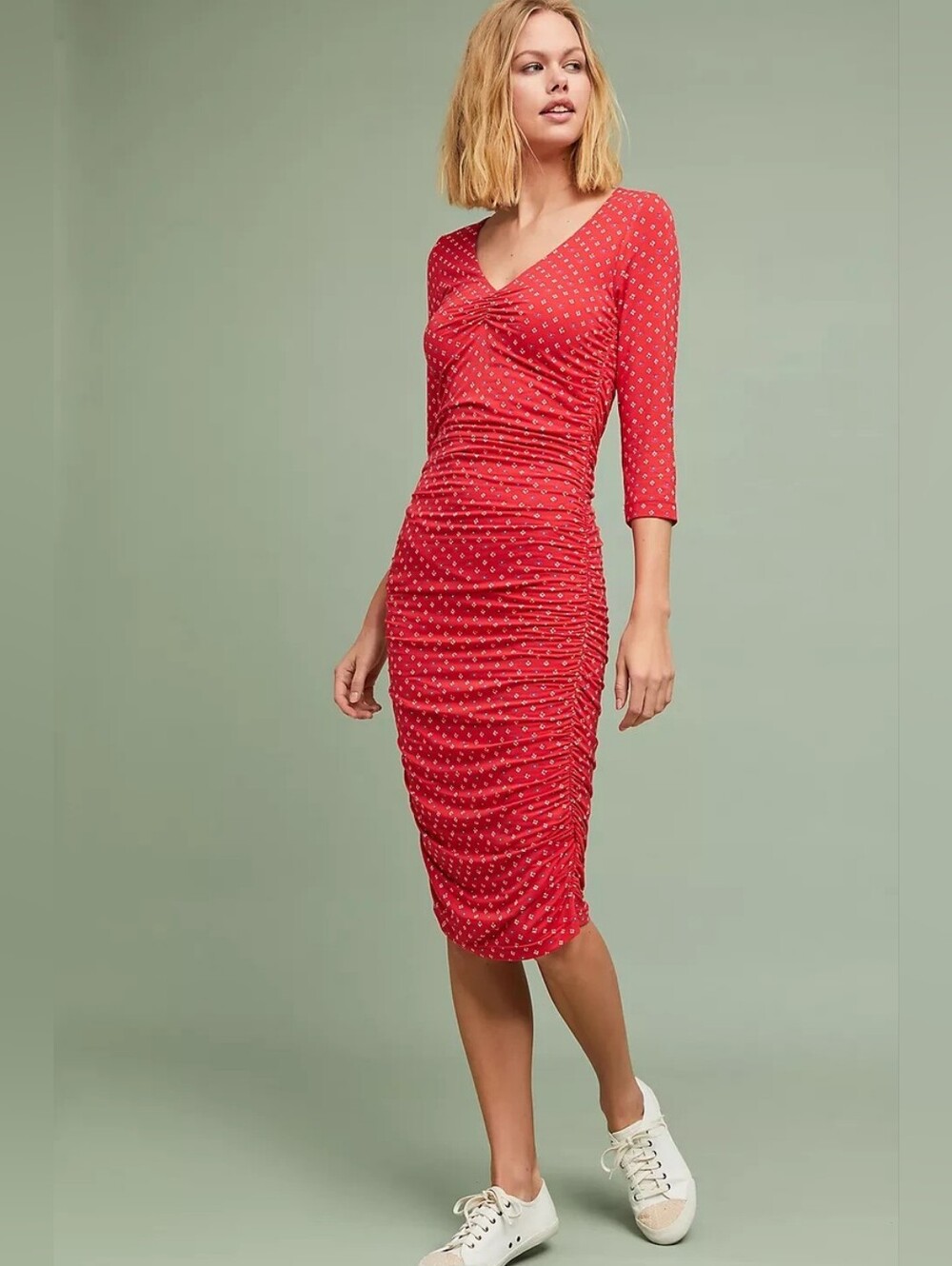 Anthropologie Moulinette Soeurs Medea Ruched Column Dress Size XS Red Midi
